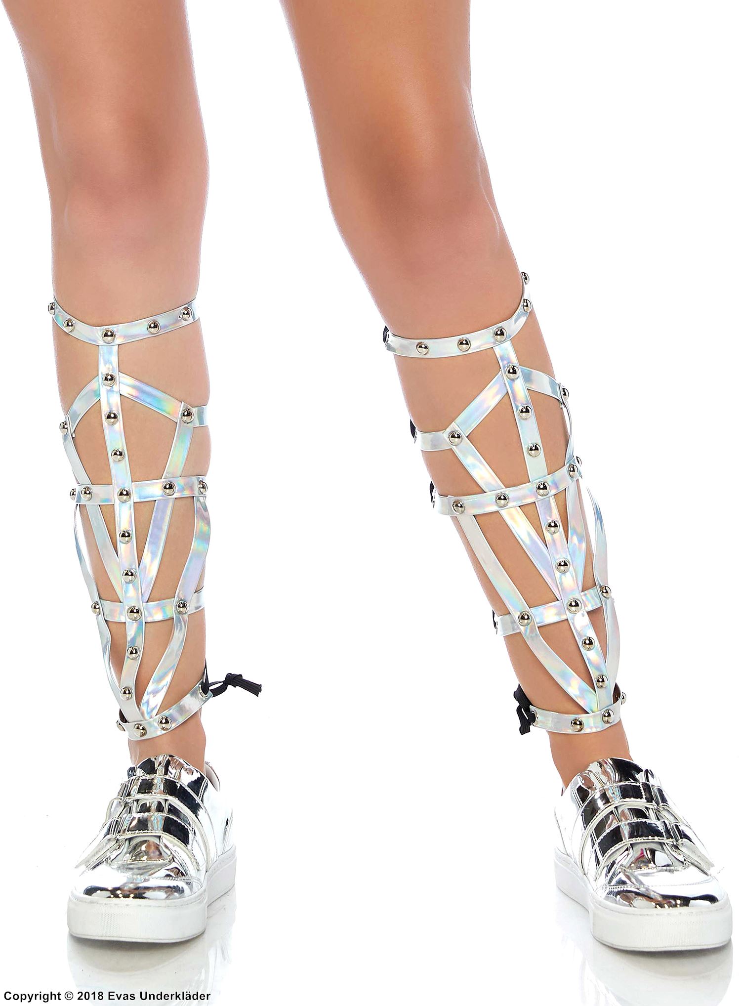 Strap leg wrap, lacing, iridescent fabric, studs, gladiator style